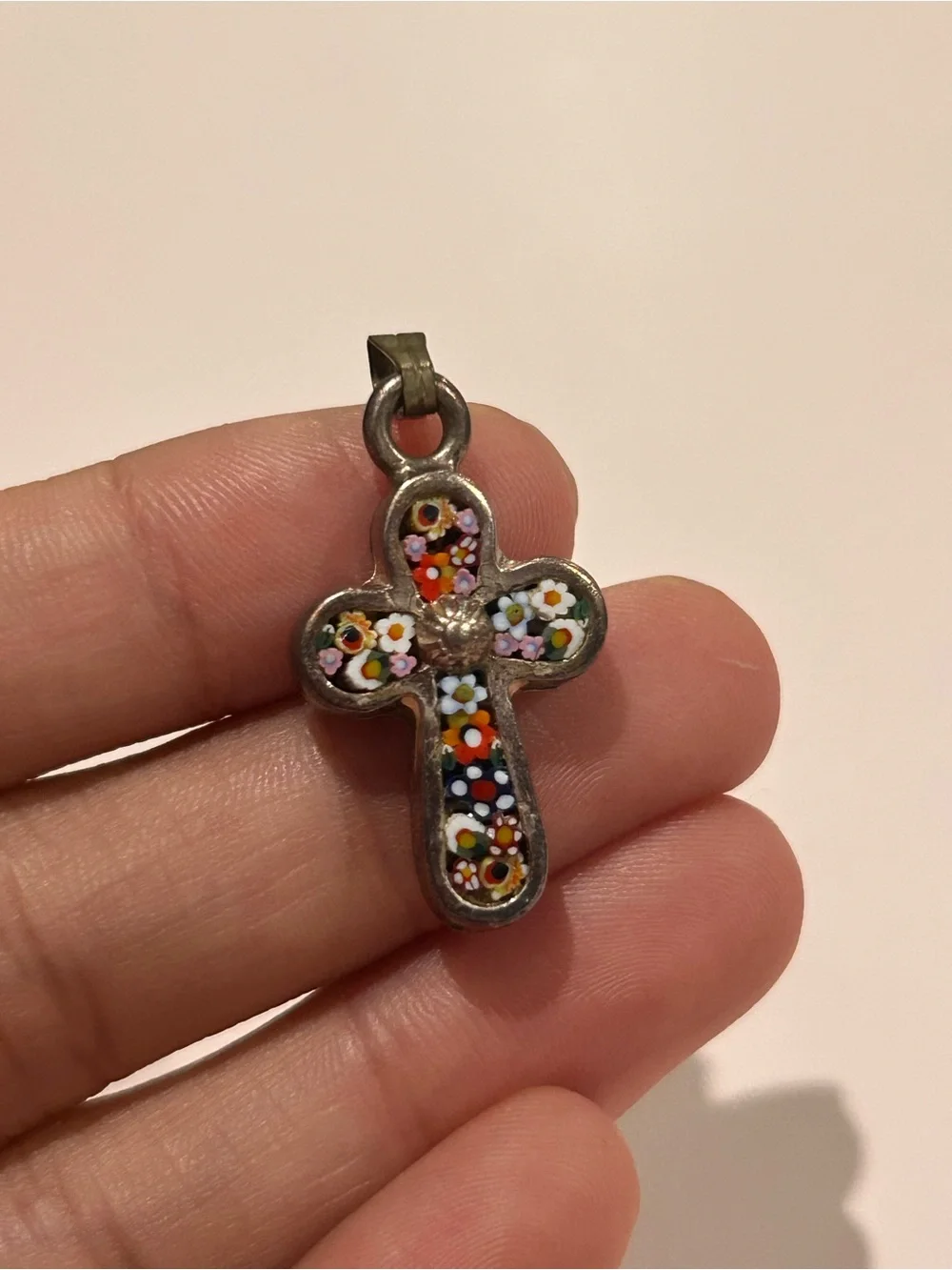 Sterling Silver Floral Millefiori Cross Pendant - Multicolor